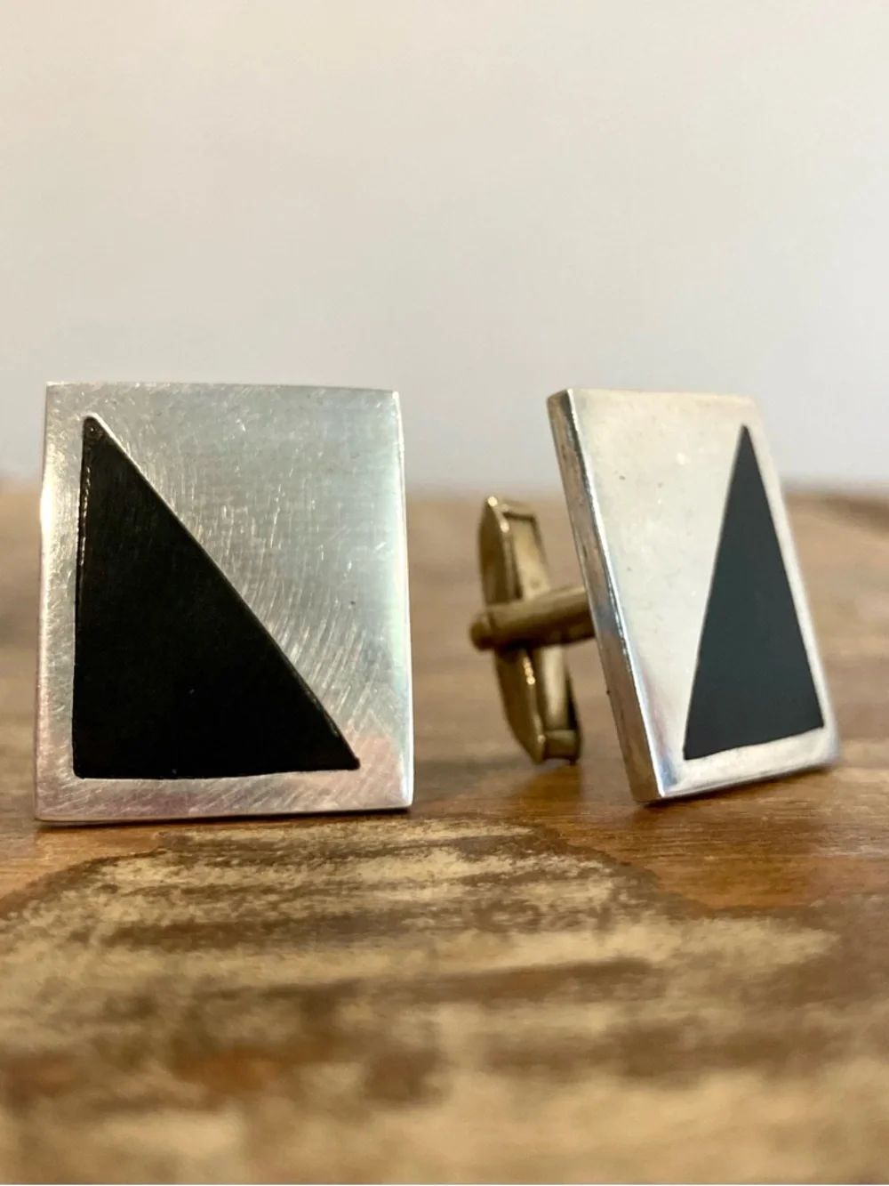 Vintage Taxco Modernist Sterling Silver Cufflinks – TD‑53 – Black Inlay – 24g